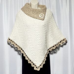 Merino Wool Knit & Crocheted Poncho from Portugal Women's (S)